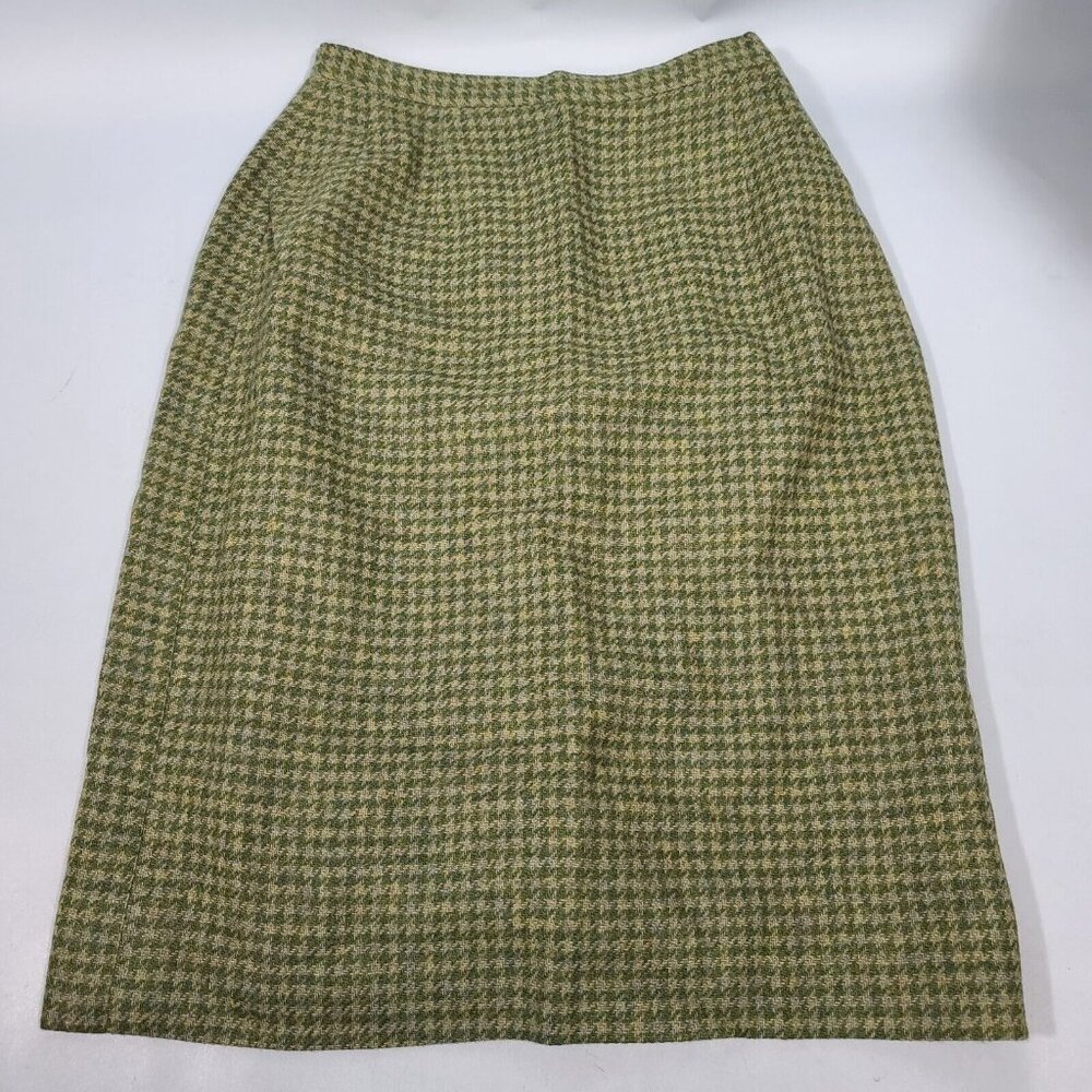 Gordon Ford Vintage Green Houndstooth  23" Lined Wool Pencil Skirt